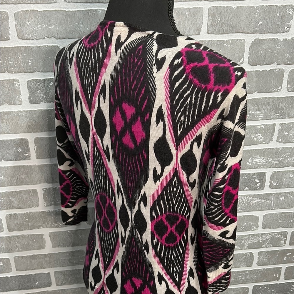 Tory Burch Ikat Print Merino Wool Cardigan Sweater Pink Black V Neck Size Small - Picture 7 of 14